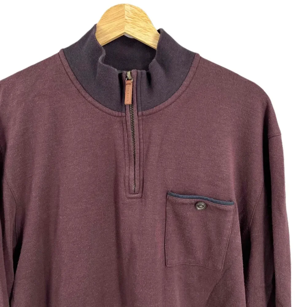 Ted Baker Sweater Mens Burgundy Quarter Zip‎ Chest Pocket Pullover 7 / 3XL